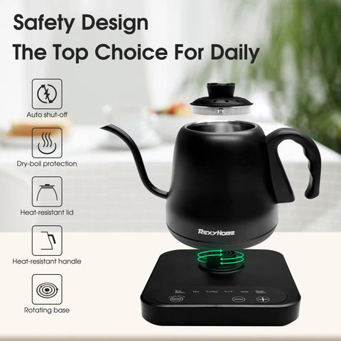 Precision Temperature Control Electric Kettle With 316L Stainless Steel, 1F Precision, Rapid 1000W Heating, Keep Warm Mode, 0.8L Capacity For Pour Over Coffee, Tea, And Milk, No-Nonsense Rust-Resistant, Scale-Resistant shown with safety features and digital base