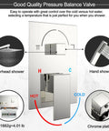 Diagram of Wall Mounted Rain Shower System With 10 Inch Rain Head And Handheld Spray Pro Grade Spa Like Shower Experience High Pressure Luxury Shower Combo With Rough In Valve And Chrome Finish, showing shower components and features.