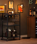 Mobile Bar Cart On Wheels For Home Use, Rolling Beverage Cart With Wine Rack And Glass Holder, Microwave Stand And Kitchen Island, Black Finish