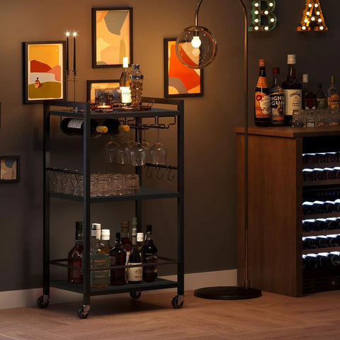 Mobile Bar Cart On Wheels For Home Use, Rolling Beverage Cart With Wine Rack And Glass Holder, Microwave Stand And Kitchen Island, Black Finish