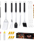 Stainless Steel 19 Piece BBQ Tools Set With Tongs Spatula Fork Knife Basting Brush Cleaning Brush 6 Corn Forks 5 Skewers And 2 Squeeze Bottles Heavy Duty Outdoor Grill Kit