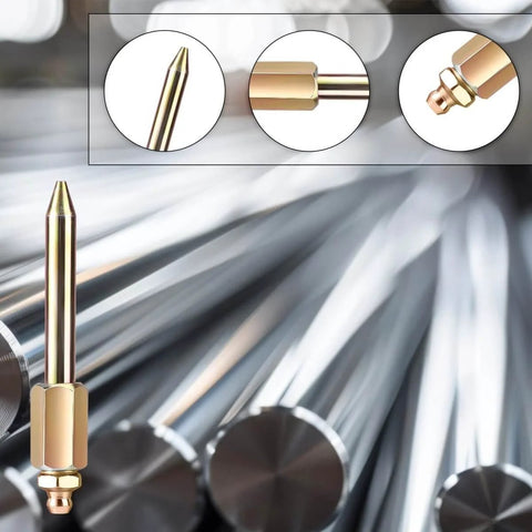 Close-up of Grease Gun Accessory Kit 5-Piece Set with needle tips and nozzles, shown with steel backgrounds for quick lubrication.