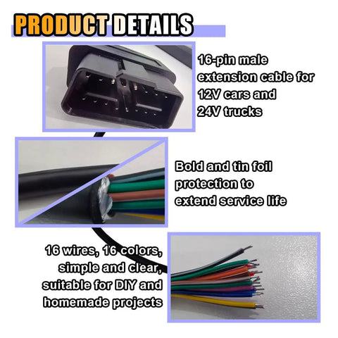 16 Pin J1962 OBD II Male Connector Cable with 16 color-coded wires for DIY diagnostics, bold protection, 12V and 24V vehicles