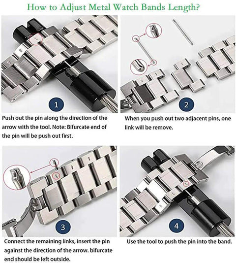 Watch Band Link Removal Kit For Metal And Stainless Steel Bands Pro Grade Tool Free Sizing Pin Remover in use to adjust band size