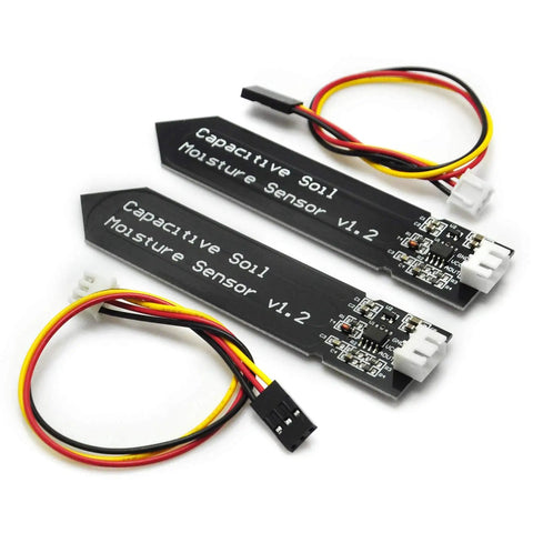 Two capacitive soil moisture sensors with wires, labeled 'Capacitive Soil Moisture Sensor V1.2', corrosion-resistant for Arduino.
