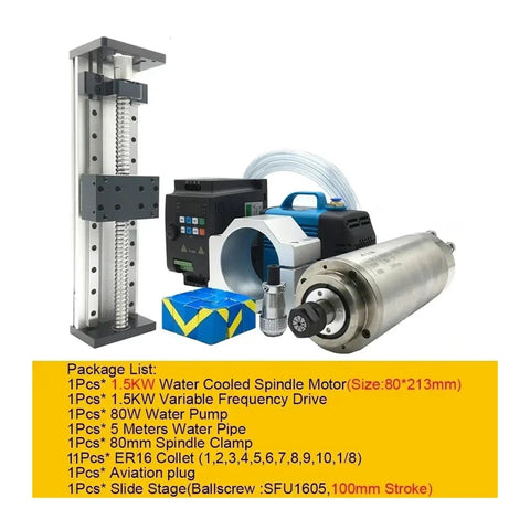 Heavy Duty 1.5KW Water Cooled Spindle Z Axis Slide Stage Kit For CNC Routers Pro Grade 110V Motor Setup with components displayed.