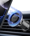 Rorhxia car magnetic phone mount installed on air vent; circular blue MagSafe-compatible magnet holding iPhone.