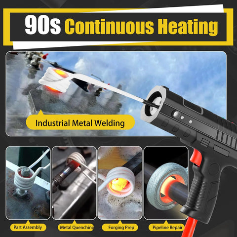 Front view: magnetic induction heater gun; black handheld tool with red trigger heating a metal bolt with a coil.