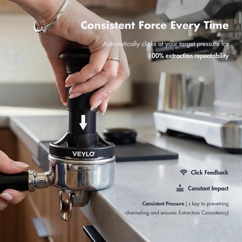 Person using 54mm Espresso Tamper With Adjustable 20 To 30 Lb Dial Audible Click Feedback in kitchen scene.