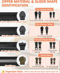 Zipper material and slider shape identification for all in one zipper repair kit with replacement sliders pulls and stoppers