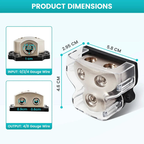 2 Way Car Audio Power And Ground Distribution Block With 0 2 4 Gauge Input And 4 8 Gauge Output For Amplifier Wiring Heavy Duty Ground Splitter For Auto Stereo System Easy Install And Reliable Protection, dimensions shown