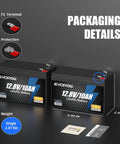 Packaging details of Two Pack 12V 10Ah LiFePO4 Battery With Built-In BMS, showing dimensions and weight