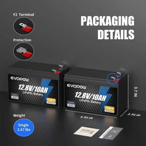 Packaging details of Two Pack 12V 10Ah LiFePO4 Battery With Built-In BMS, showing dimensions and weight