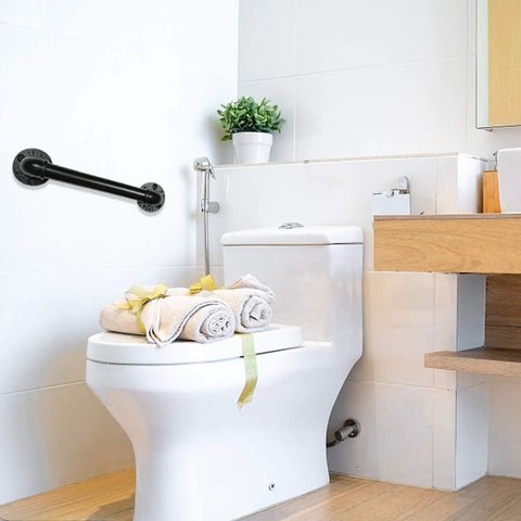 Industrial Pipe Door Pull Handle 12 Inch Black Rustic Grab Bar installed in a bathroom near toilet