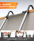 Heavy Duty Telescoping Ladder Sixteen And A Half Foot Extension With Hooks, showcasing J-shaped safety hook installation