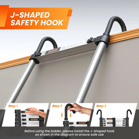 Heavy Duty Telescoping Ladder Sixteen And A Half Foot Extension With Hooks, showcasing J-shaped safety hook installation
