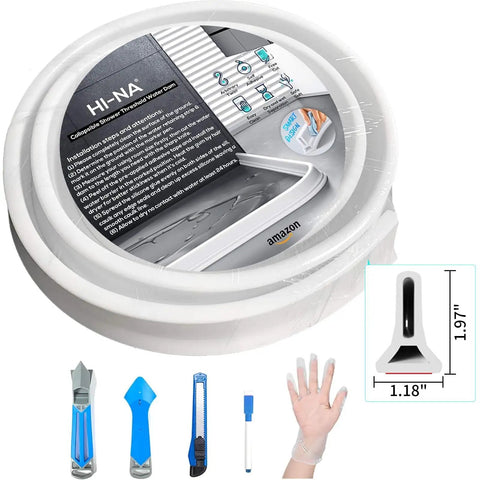 Pack of Collapsible Shower Threshold Water Dam Barrier for Curbless Showers, and installation tools with size guide, white.