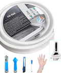 Collapsible Silicone Shower Threshold Water Dam Barrier, white roll with installation tools, flexible for curbless showers.