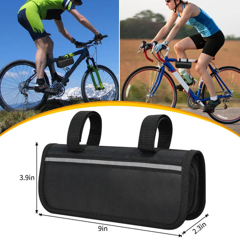 All In One Bike Repair Kit With Mini Pump And 16 In 1 Multitool, Tire Levers, handy bag shown on mountain and road bikes