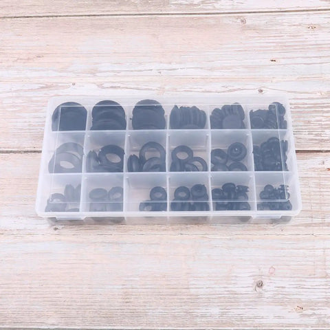 Grommet And Seal Kit With 125 Pieces, Black Ring Rubber Grommets And Seals For Auto And Home Appliance Hoses Faucets And Wiring, DIY Friendly, Heat Resistant Ultra Elastic Pollution Free Plastic Box Included, assorted black rubber grommets in storage box