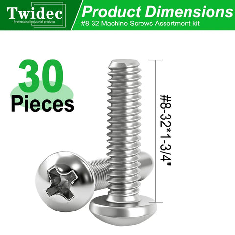 Heavy Duty 30 Pcs #8-32 X 1-3/4 Inch 304 Stainless Steel Machine Screws For Wall Plates Drawers Cabinets positioned with dimensions.