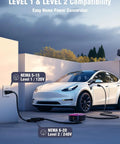 Portable Level 1 And 2 EV Charger With AI Smart Charging, Plug And Play, connected to car with NEMA 6-20 and 5-15 adapters.
