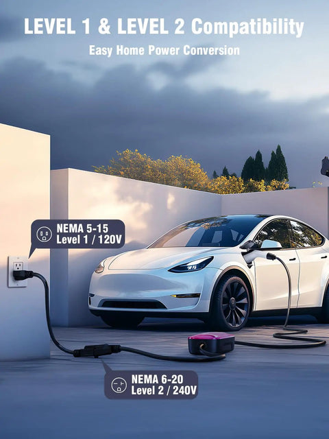 Portable Level 1 And 2 EV Charger With AI Smart Charging, Plug And Play, connected to car with NEMA 6-20 and 5-15 adapters.