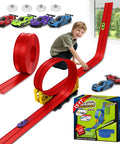 Child playing with 16 Ft Flexible Race Track with Suction Cups, featuring bendable red track and diecast cars, boxed set shown.