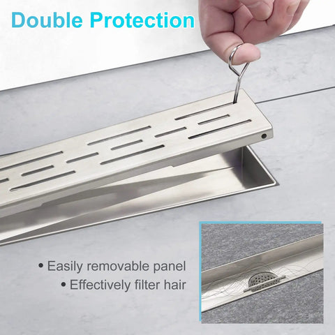 28 Inch Linear Shower Drain With Base, cUPC Certified 304 Stainless Steel, Brushed Nickel Finish with removable square cover