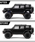 Comparison of RC Crawler TRX4M Defender with Heavy Duty Aluminum Shock Mount Height Lift Kit Before and After Installation