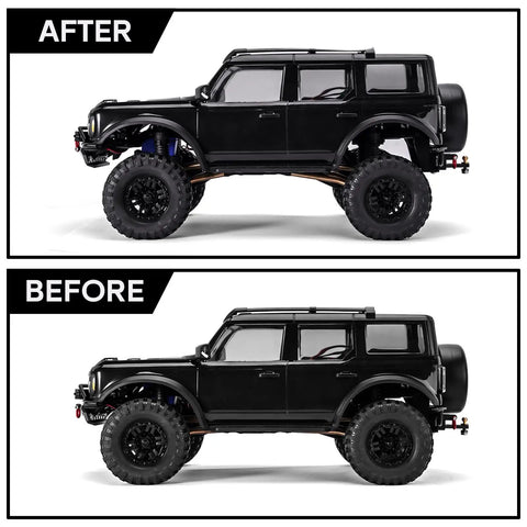 Comparison of RC Crawler TRX4M Defender with Heavy Duty Aluminum Shock Mount Height Lift Kit Before and After Installation