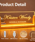 Custom Desk Name Plate With LED Wood Base, Light Up Acrylic Name Plate displaying 'Kristen Wendy, General Manager' for desk.