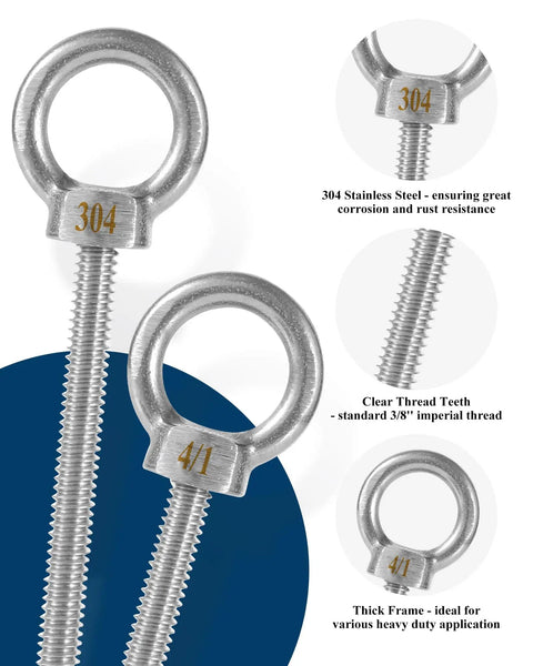 Close-up of Quarter Inch Eye Bolts showing 304 Stainless Steel, thread details, part of Four Pack Quarter Inch Eye Bolts Three Inch Long Heavy Duty Stainless Steel With Bonus Drill Bit Included, Working Load Limit Two Hundred Pounds, Great For Lifting, Pulling, And Tying Down Items.