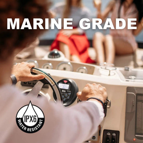 Marine Boat Stereo Gauge Receiver With Bluetooth Head Unit installed on boat dashboard, IPX6 water-resistant