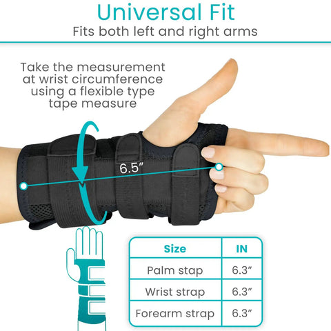 Carpal Tunnel Wrist Brace With Splint For Left Or Right Hand Adjustable Night Support showing measurement for universal fit.
