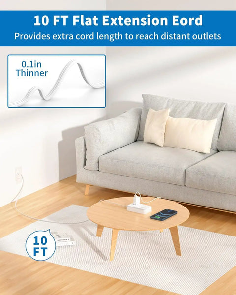 Flat Plug Power Strip With 10 Ft Cord, 6 Outlets And 4 USB Ports shown extended in a modern living room setup