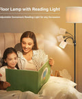 Mother and child reading under Cozy Living Room Floor Lamp With Linen Shade Tall Reading Light Black Matte Pole Lamp With 12W LED Bulb 3 Way