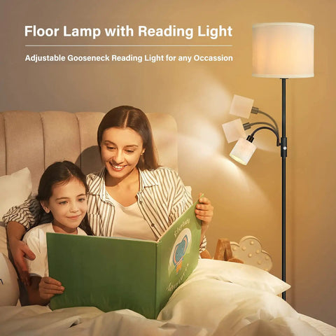 Mother and child reading under Cozy Living Room Floor Lamp With Linen Shade Tall Reading Light Black Matte Pole Lamp With 12W LED Bulb 3 Way