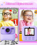 Kids Instant Digital Camera With Dual Lens 1080p HD Selfie Camera Built In Print Paper And 32GB Card Dope Kid Friendly Toy For Ages 3 To 16 Totally Perfect Christmas Birthday Gift purple kids print camera front and back views