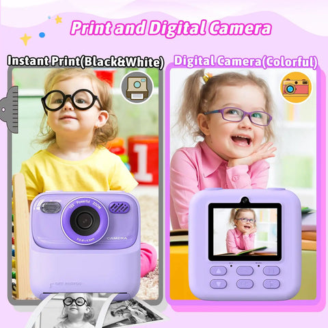 Kids Instant Digital Camera With Dual Lens 1080p HD Selfie Camera Built In Print Paper And 32GB Card Dope Kid Friendly Toy For Ages 3 To 16 Totally Perfect Christmas Birthday Gift purple kids print camera front and back views