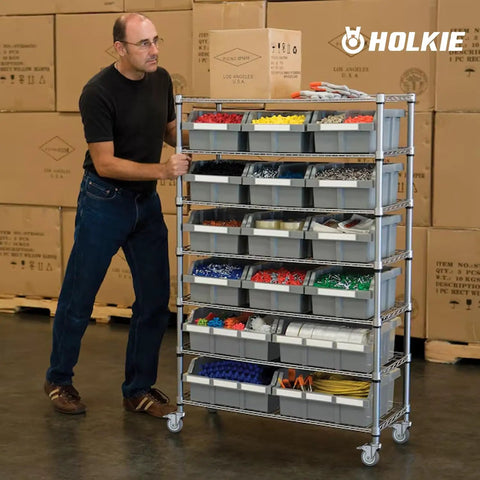 Man pushing metal shelving unit with Locking Swivel Caster Wheels 4 Inch Set of 4 Heavy Duty Pro Grade Expanding Stem