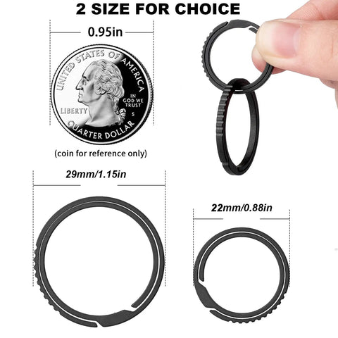 Black Titanium Key Ring With Innovative Side Push Pump Design, Heavy Duty Keychain Accessory side by side with US quarter for size reference