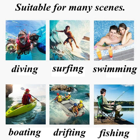Image of people engaging in various water activities: diving, surfing, swimming, boating, drifting, fishing.