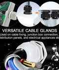 Image showing the Five Pack NPT One Half Inch Cable Glands Waterproof And Adjustable For Cables And Wires From Six To Twelve Millimeter Grey Nylon Joints With Gaskets For Electrical Enclosures And Weatherproof Wiring Projects.