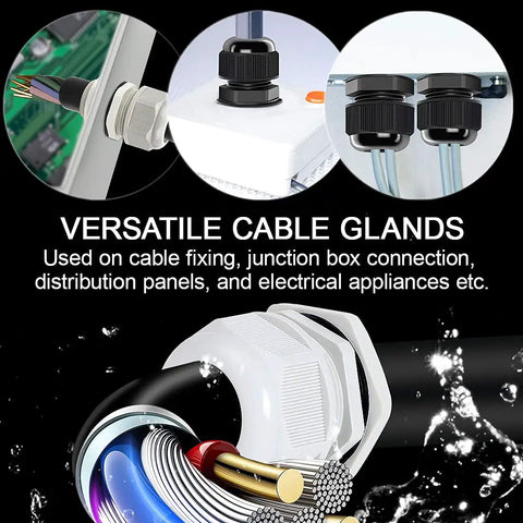 Image showing the Five Pack NPT One Half Inch Cable Glands Waterproof And Adjustable For Cables And Wires From Six To Twelve Millimeter Grey Nylon Joints With Gaskets For Electrical Enclosures And Weatherproof Wiring Projects.