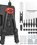 2 In 1 Rivet Nut Tool Kit Pro Hand Riveter with case, mandrels, nozzles, nuts, rivets, and instruction manual.