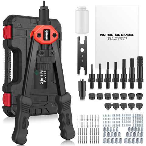 2 In 1 Rivet Nut Tool Kit Pro Hand Riveter with case, mandrels, nozzles, nuts, rivets, and instruction manual.