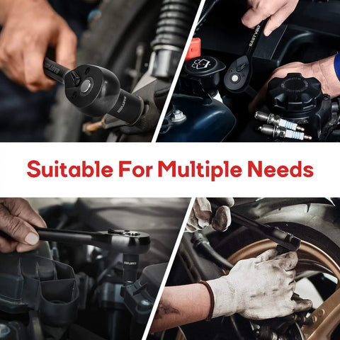 46 Piece Drive Socket And Ratchet Set With 72 Tooth Reversible Ratchet, Extension Bar Kit shown in use for automotive repairs