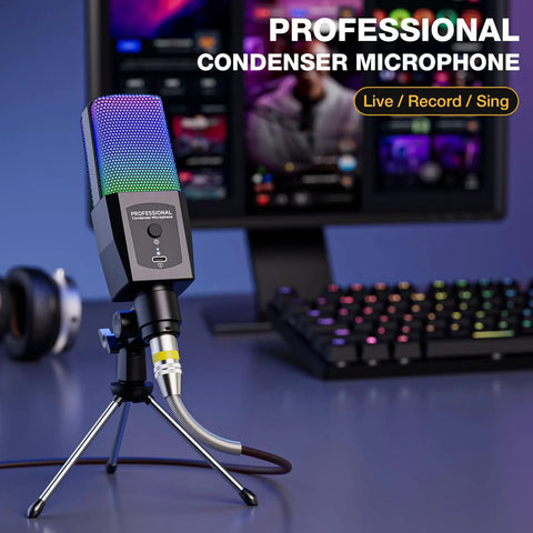 Condenser Microphone With RGB Lighting For Gaming And Streaming, Plug And Play 3.5mm XLR on a desktop setup with keyboard and monitor.