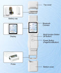 Diagram showing components of 9 In 1 Smart Water Tester With App Monitoring, including display, probe, battery, and buttons.